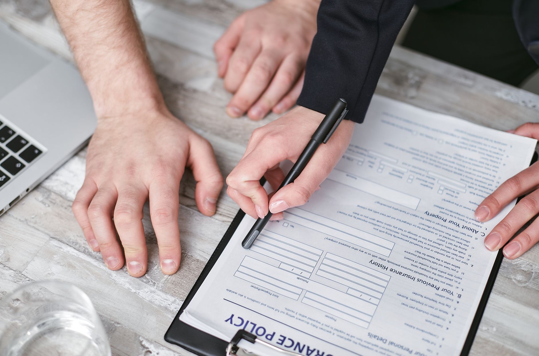A checklist document with endorsement options like water backup, equipment breakdown, and identity theft highlighted
