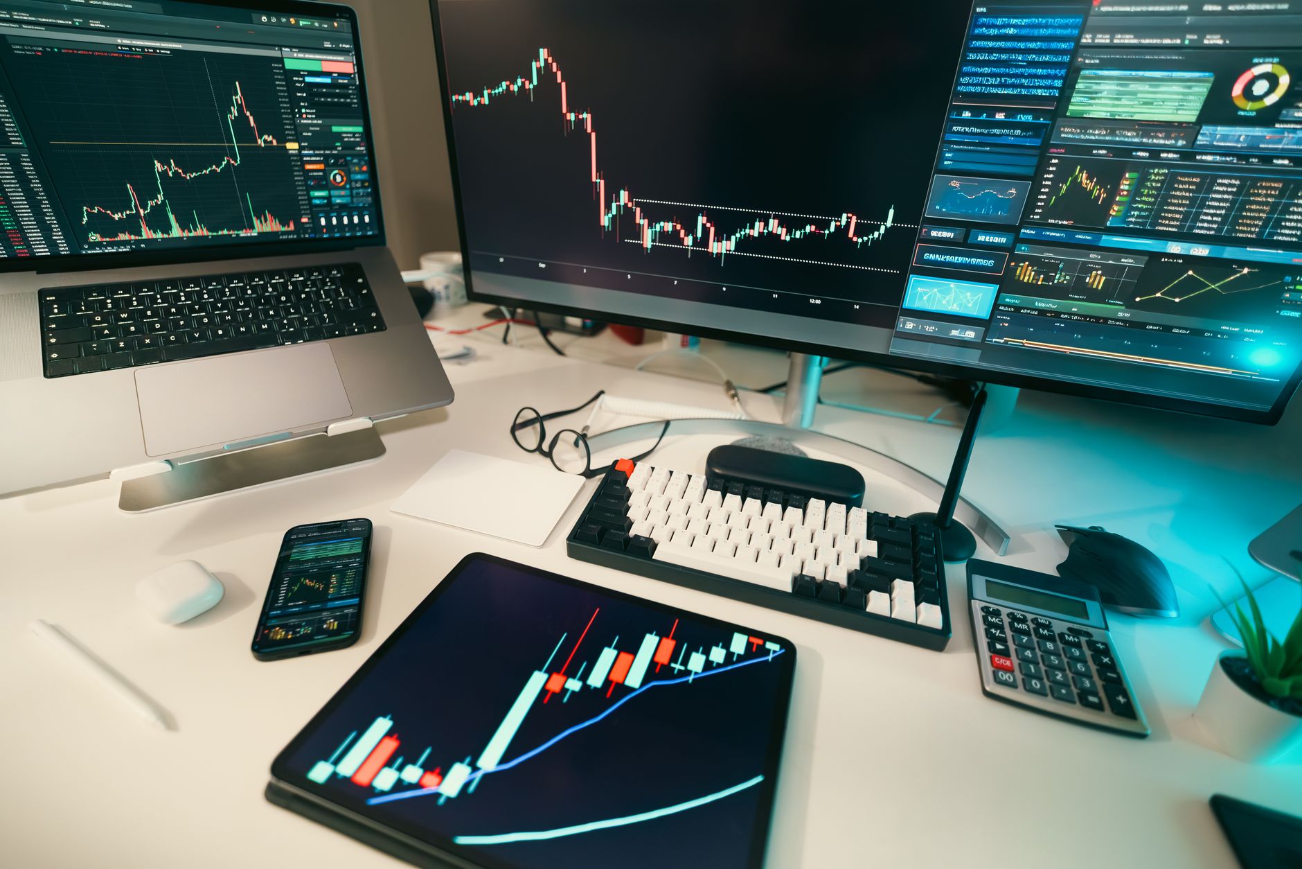 A clean robo-advisor dashboard showing portfolio allocation, performance chart, and risk score on a laptop screen